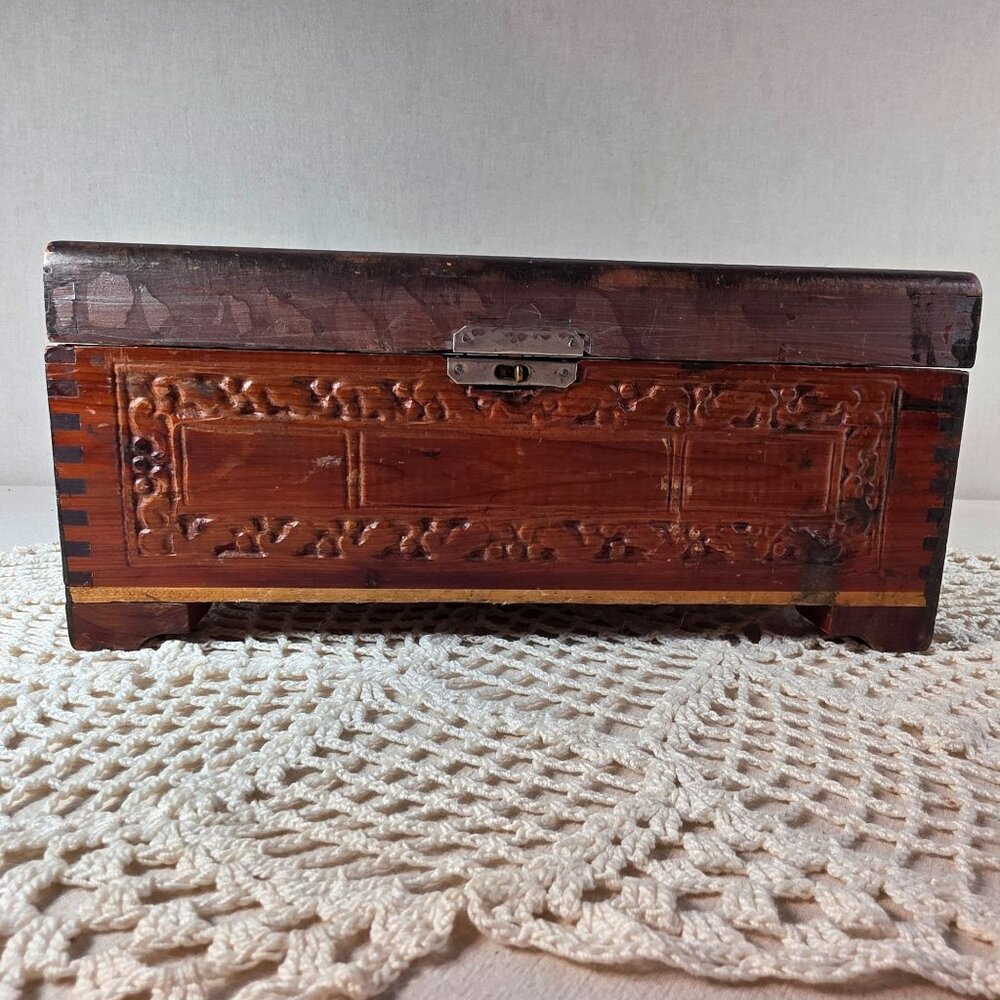 Vintage Carved Wood Jewelry Box With Intricate Floral Design & Metal Accents